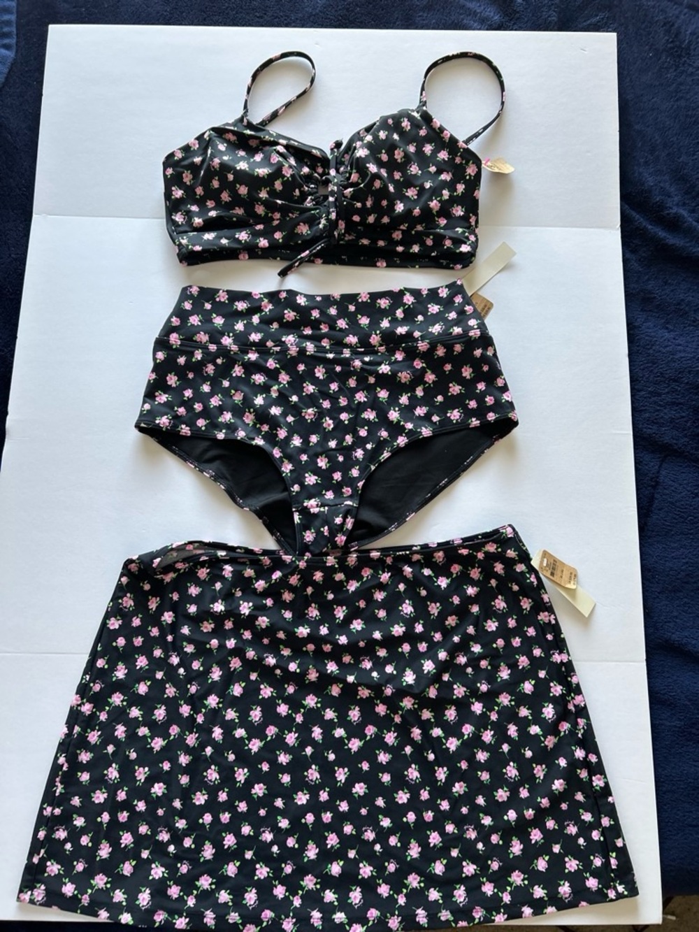 Black Floral High-Waist Bikini Set with Skirt